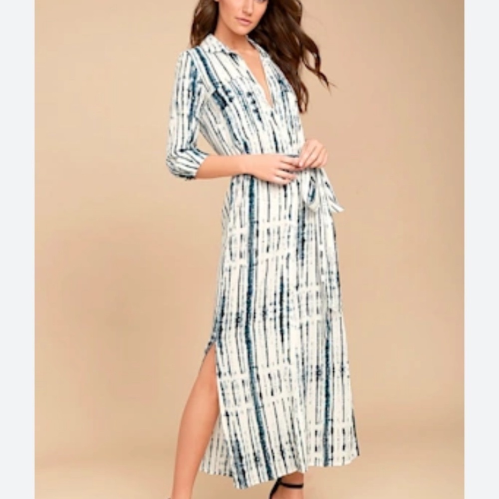Lulus Chic Tie Dye Belted Blue White Boho Midi Dress Size Small